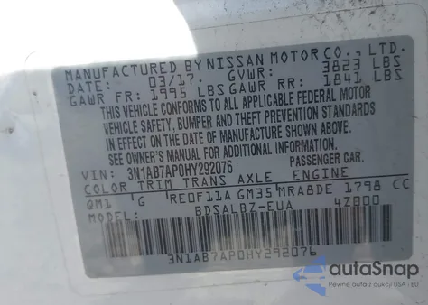 2017 Nissan Sentra S z USA, uszkodzony, nr VIN 3N1AB7AP0HY292076